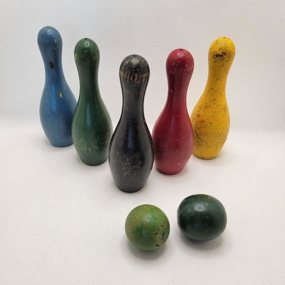 Mid-Century Wooden Toy Bowling Pin and Ball Set 1950s Rainbow - Picture 12 of 12
